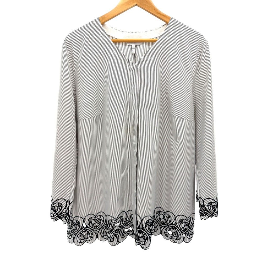 Escada Sport Nalys Pinstripe Heart Lace Hem Blouse White Black 44 Long Sleeve‎